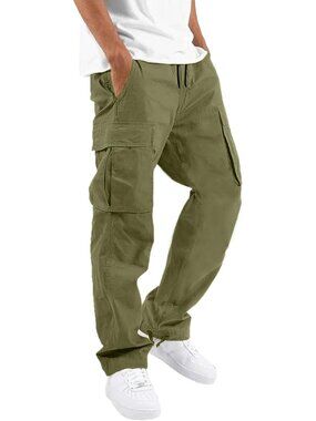 Mens Cargo Pants Drawstring Casual Hiking Pants Joggers Athletic Trousers Cotton